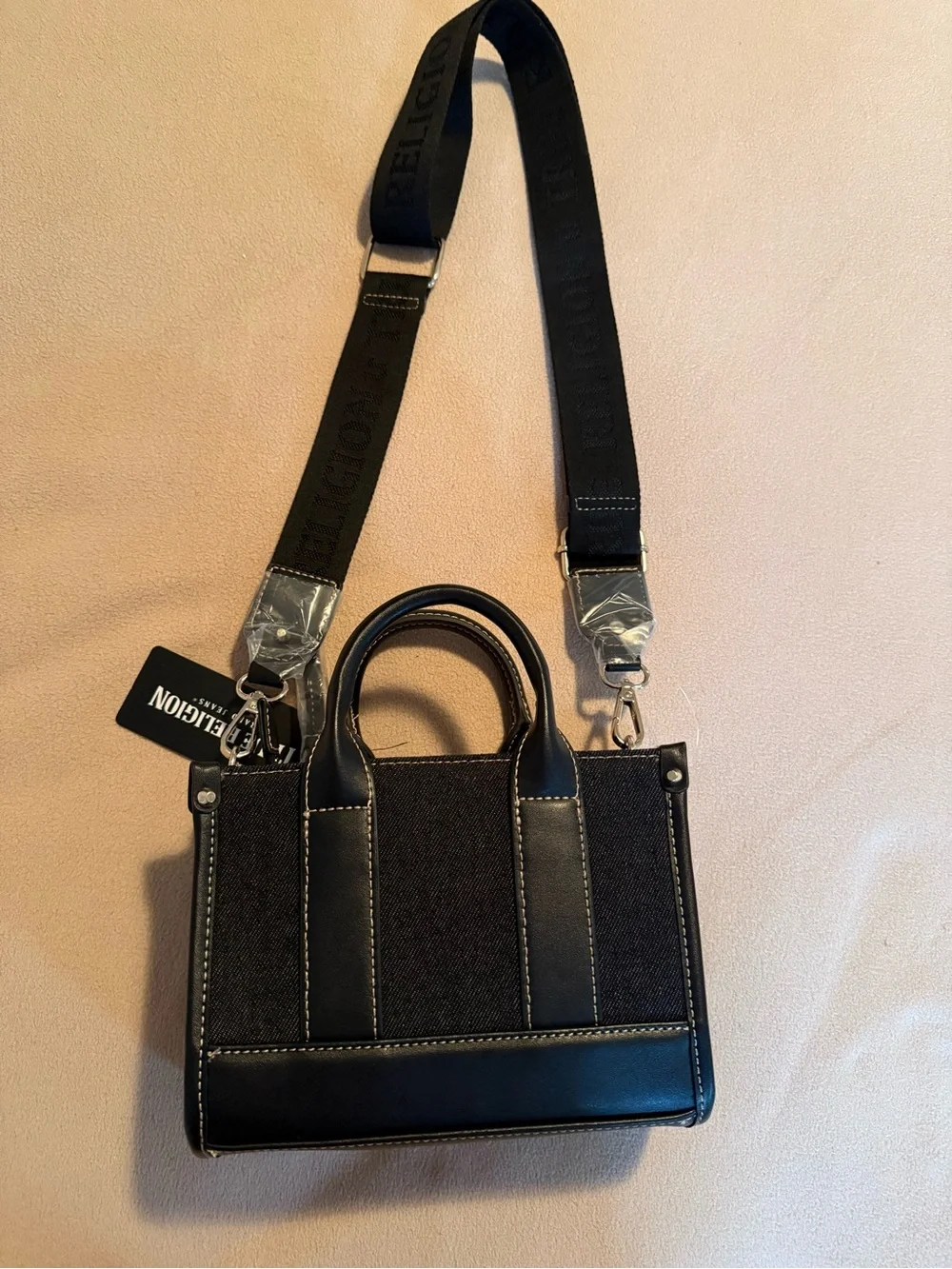NWOT!  TRUE RELIGION Structured Black Denim Logo Crossbody Mini Tote